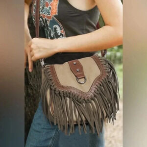 Boho Fringe Crossbody Bag Brown Faux Leather Western Festival Purse